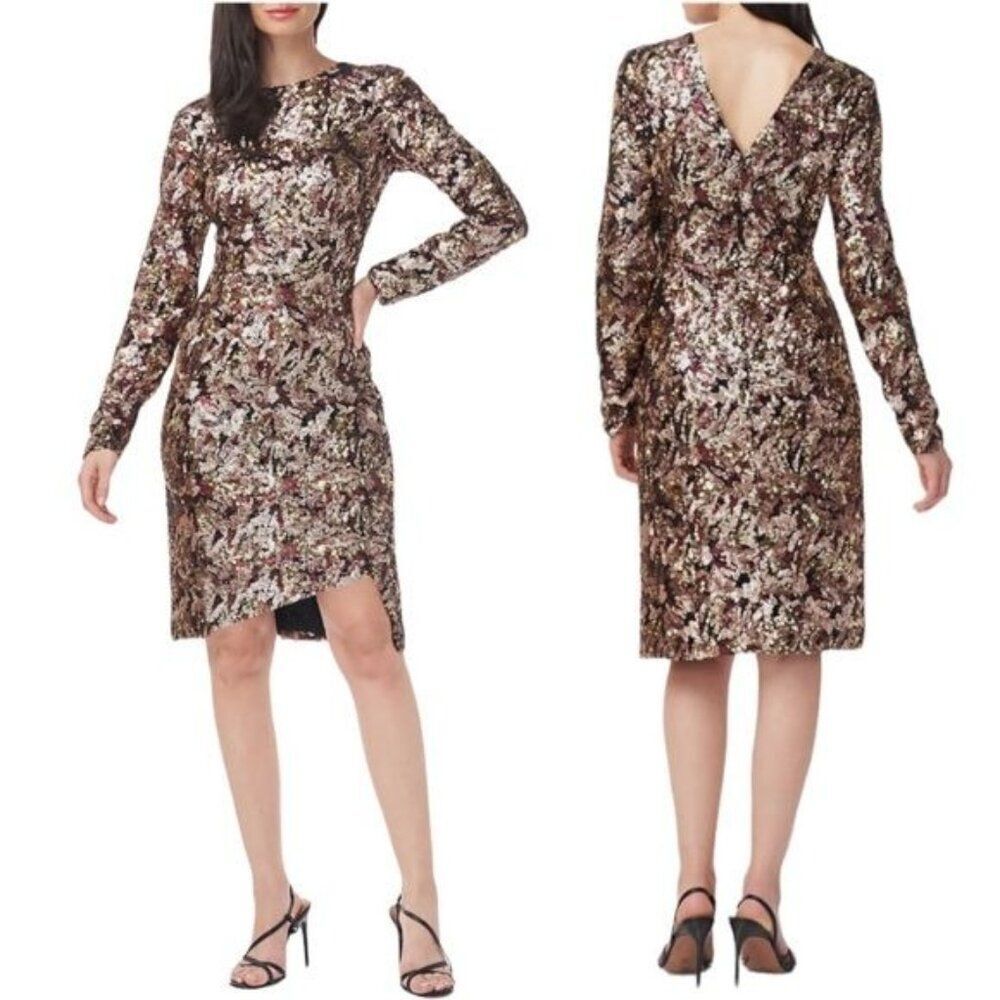 New JS COLLECTIONS Zuri Womens Cocktail Sequined Midi Dress in Merlot/Gold 12